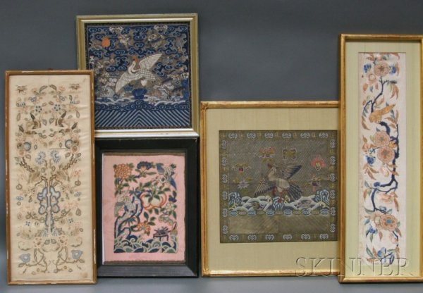 Nine Assorted Embroideries, China, 19th century, : Nine Assorted Embroideries, China, 19th century, three rank badges; a fragment with two deer; two with birds, fruits, and flowers; and three with flowers, one circular; all framed and glazed.