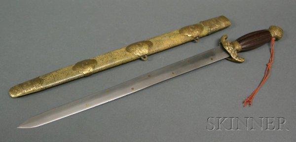 Short Sword, China, 19th century, double-edge bla: Short Sword, China, 19th century, double-edge blade with brass inlay of the constellations, hilt of brass and flute-carved rosewood, shagreen scabbard with brass mounts, lg. 24 in.