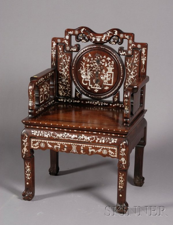 Inlaid Chair, China, 19th century, rosewood inlai: Inlaid Chair, China, 19th century, rosewood inlaid with mother-of pearl in a pattern of a vase of flowers, flowering trees, bats, and Shou characters, ht. 40, wd. 25, dp. 20, seat ht. 20 in.