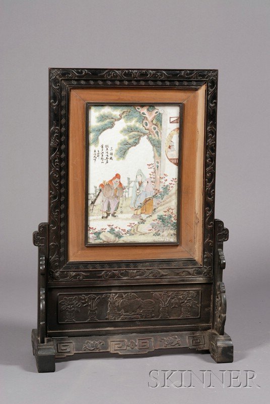 Table Screen, China, 19th century, carved rosewoo: Table Screen, China, 19th century, carved rosewood framed set with a porcelain plaque painted in famille rose enamels with a design of three figures, 31 1/2 x 21 in.