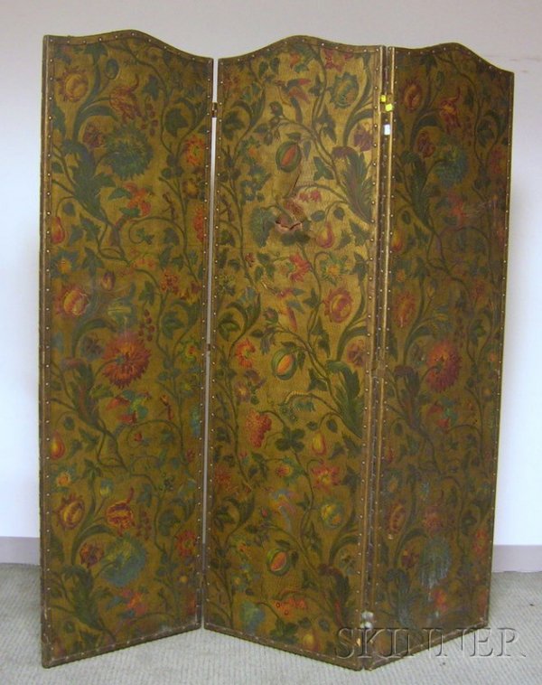 Painted Floral Embossed Leather Three-Panel Foldin: Painted Floral Embossed Leather Three-Panel Folding Floor Screen, ht. 70 1/2, panel wd. 21 1/2 in.