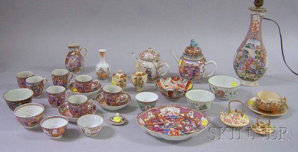 Approximately Thirty Pieces of Chinese and Japanes: Approximately Thirty Pieces of Chinese and Japanese Export Porcelain Tableware, including two teapots, fifteen cups and small bowls, three vases, a vase/table lamp, a shaped low dish, two miniature Sa