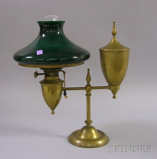Bradley & Hubbard Brass Kerosene Student Lamp with: Bradley & Hubbard Brass Kerosene Student Lamp with Green Cased Glass Shade, approx. ht. 19, shade dia. 11 1/2 in.