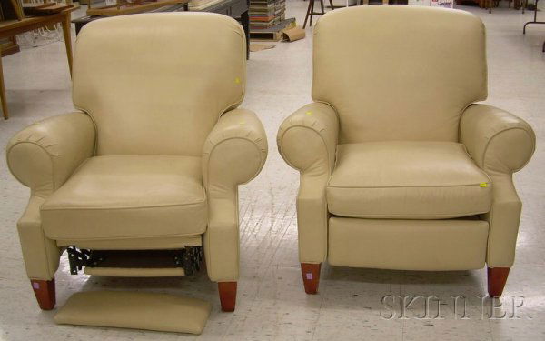 Pair of Contemporary Cream Leather Upholstered Rec: Pair of Contemporary Cream Leather Upholstered Recliners, approx. ht. 38, wd. 38 in.