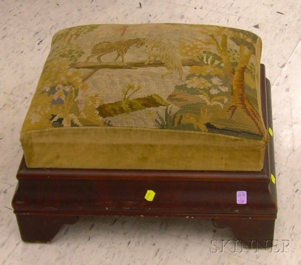 Needlepoint Upholstered Empire Mahogany Veneer Foo: Needlepoint Upholstered Empire Mahogany Veneer Footstool, wd. 21 in.
