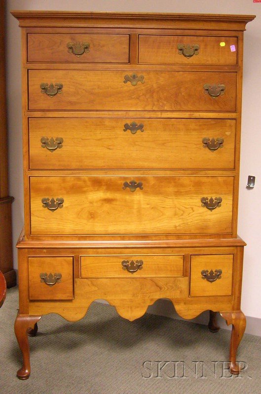 Leopold Stickley Queen Anne Style Cherry Flat-top : Leopold Stickley Queen Anne Style Cherry Flat-top Highboy, paper label, ht. 63 3/4, wd. 39 3/4 in.