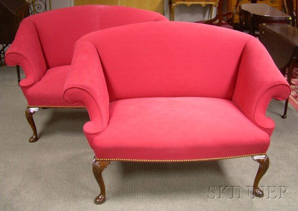 Pair of Georgian-style Upholstered Carved Mahogany: Pair of Georgian-style Upholstered Carved Mahogany Settees, lg. 54 in.