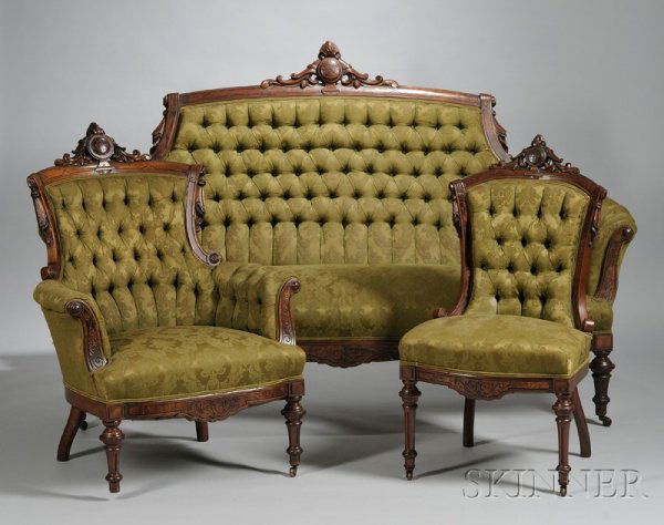 Seven-piece Victorian Renaissance Revival Tufted D: Seven-piece Victorian Renaissance Revival Tufted Damask Upholstered Carved Walnut Parlor Suite, including a sofa, pair of armchairs, and four side chairs, (upholstery and frames good condition, some m