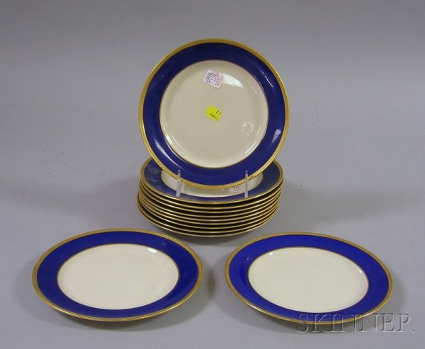 Set of Twelve Lenox Gilt and Blue Banded Porcelai: Set of Twelve Lenox Gilt and Blue Banded Porcelain Luncheon Plates, for Marshall Field & Co., dia. 8 1/2 in.