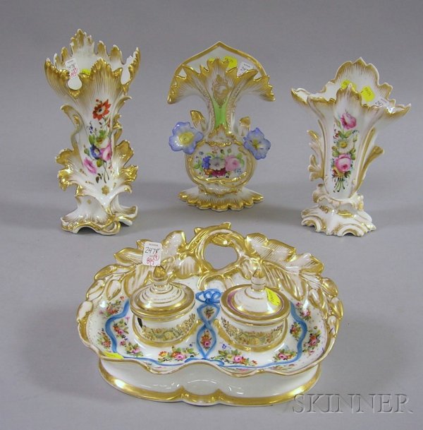 Paris Porcelain Gilt and Hand-painted Ink Stand an: Paris Porcelain Gilt and Hand-painted Ink Stand and Three Vase Garnitures.