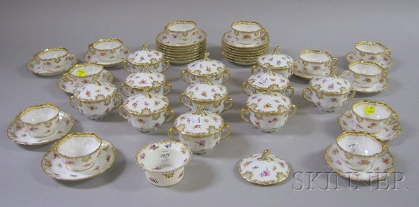 Approximately Forty-eight Dresden Porcelain Flora: Approximately Forty-eight Dresden Porcelain Floral-decorated Tableware Items, including twelve teacups and saucers, eleven soup bowls, and a fluted ramekin, with covers, and twelve underplates.