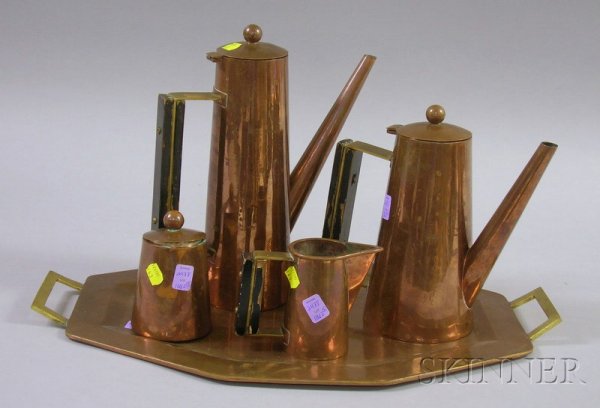Mexican Copper Five-piece Coffee and Chocolate Se: Mexican Copper Five-piece Coffee and Chocolate Set, including a coffeepot, chocolate pot, sugar, creamer, and serving tray.
