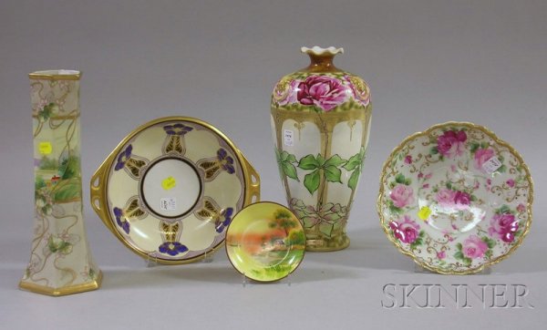 Five Nippon Hand-Painted Porcelain Items, includi: Five Nippon Hand-Painted Porcelain Items, including a hexagonal vase, a large urn-form vase, a small candy dish, a two-handled bowl, and a footed dish.