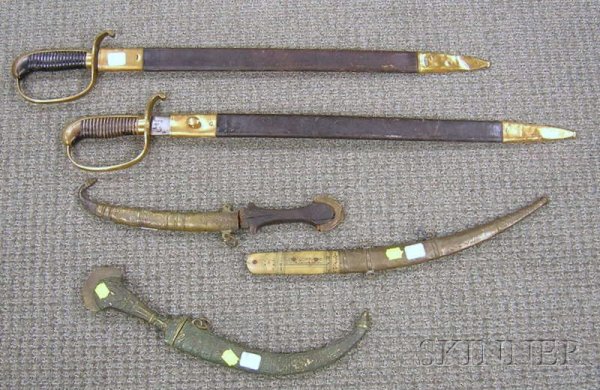 Pair of German Swords and Three Near Eastern Knives,: Pair of German Swords and Three Near Eastern Knives, the swords marked "Jos. Vierheilig, Munchen," with brass and leather scabbards, lg. 28 in., knives with brass, bone and horn, and wood handles.