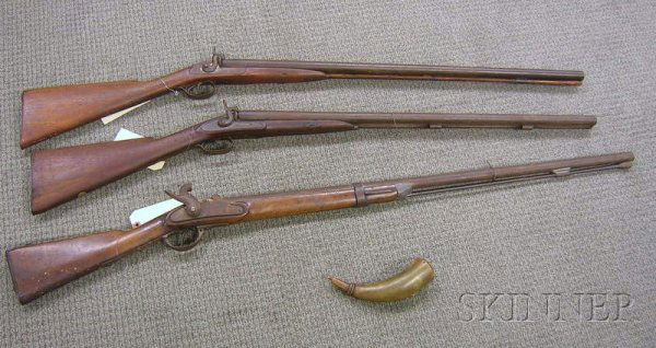Two English Percussion Shotguns and a Rifle, Crosle: Two English Percussion Shotguns and a Rifle, Crosley and Jar-King marked double-barrels, wooden stocks, along with a powder horn.