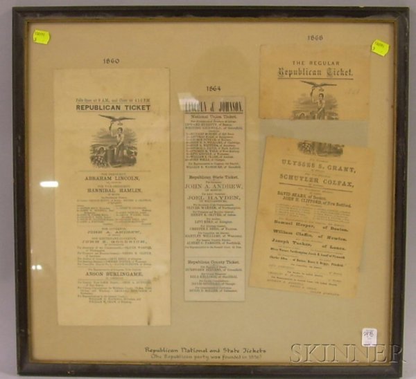 Framed 19th Century Printed Republican Presidentia: Framed 19th Century Printed Republican Presidential/Massachusetts State Tickets, 1860, 1864, and 1868, in a common frame.