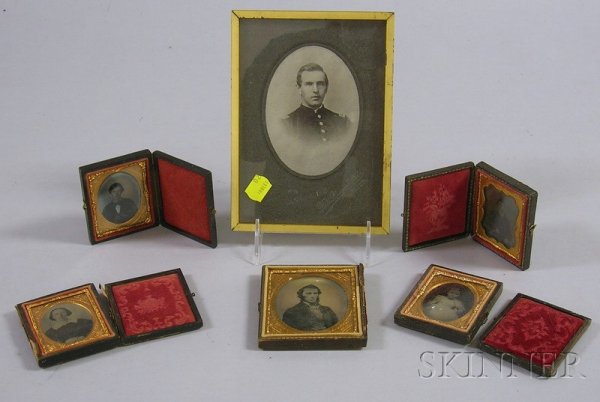 Five Ambrotype and Tintype Portrait Photographs an: Five Ambrotype and Tintype Portrait Photographs and a Small Framed Portrait Photograph of a Man in Uniform, in cases.