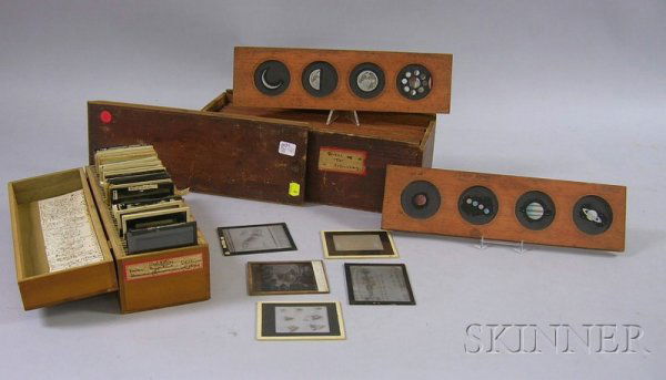 Set of Twelve Wood-framed Hand-colored Glass Four-: Set of Twelve Wood-framed Hand-colored Glass Four-Image Astronomy Magic Lantern Slides and Thirty Assorted Glass Projection Slides, the wood-framed 3 3/4 x 14 in.