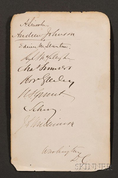 19th Century Autograph Book, containing spurious : 19th Century Autograph Book, containing spurious leaf bearing signatures of Abraham Lincoln, Andrew Johnson, Edwin Stanton, Charles Sumner, Horace Greeley, Ulysses S. Grant, Carl Schurz, and others, 7