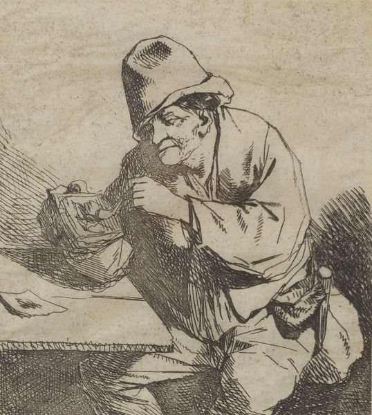 Three Old Master Figural Prints: Cornelis Pietersz: Three Old Master Figural Prints: Cornelis Pietersz Bega (Dutch, c. 1620-1664), Two Peasant Subjects After Rembrandt van Rijn (Dutch, 1606-1669), Rembrandt in a Cap Laughing, Bust,</