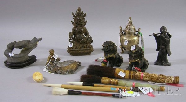 Assorted Asian Items, including pair of metal foo : Assorted Asian Items, including pair of metal foo dogs, bronze Buddha, scholar's rocks, censer, carved ivory with bird and floral decoration, four brushes, horse-headed sword and a dragon-headed cane.