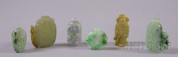 Six Carved Jade and Stone Snuff Bottles, a green f: Six Carved Jade and Stone Snuff Bottles, a green footed with brown dragon handle, a purple and green with bat, a light and dark green oval bottle, a green and purple bottle with two bats, a brown stan