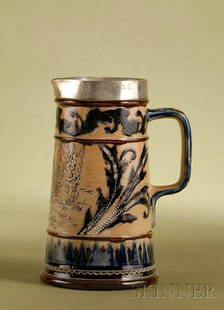 Doulton Lambeth Silver-mounted Salt-glaze Water Pit: Doulton Lambeth Silver-mounted Salt-glaze Water Pitcher, dated 1877, by Florence E. Barlow and Mary Ann Thomson, the silver marked for Sheffield 1877, decorated with bands of brown and cobalt blue