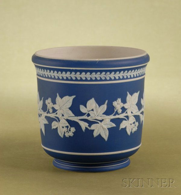 Dark Blue Jasper Dip Jardiniere, England, 19th cen: Dark Blue Jasper Dip Jardiniere, England, 19th century, probably Dudson, applied white relief with a scrolled band above a running vine of leaves and berries, ht. 6 7/8 in.