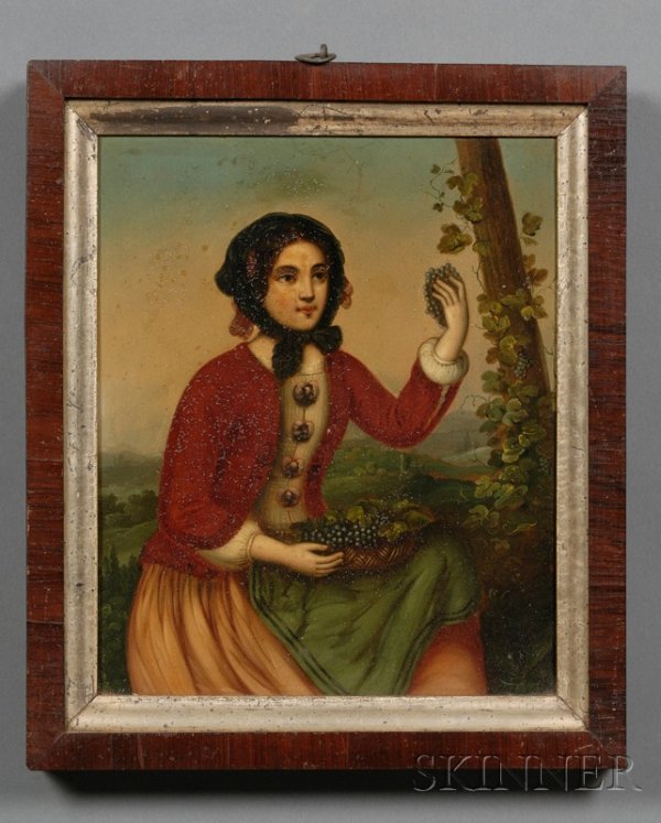 Continental School, Mid-19th Century, Young Beauty: Continental School, Mid-19th Century Young Beauty Gathering Grapes, unsigned, oil on tin/zinc, framed, 10 1/4 x 8 1/2 in.