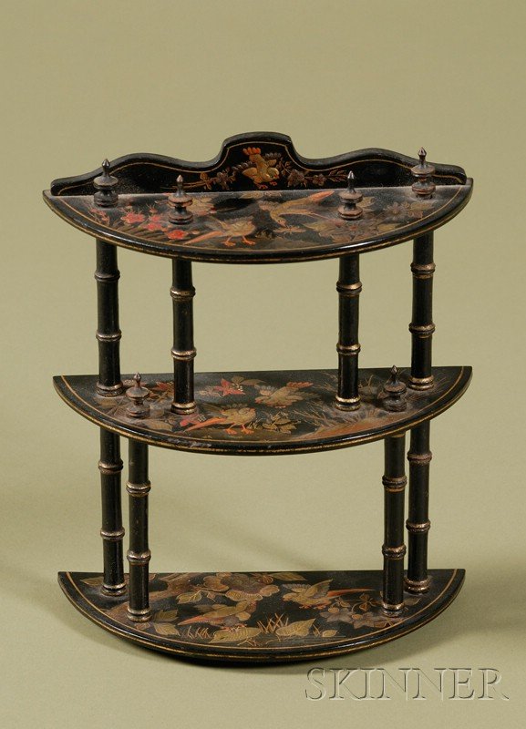 Victorian Miniature Japanned Papier Mache What-Not: Victorian Miniature Japanned Papier Mache What-Not-Stand, third quarter 19th century, with shaped cresting and turned posts and finials, with three demilune tiers decorated with birds and foliage on a