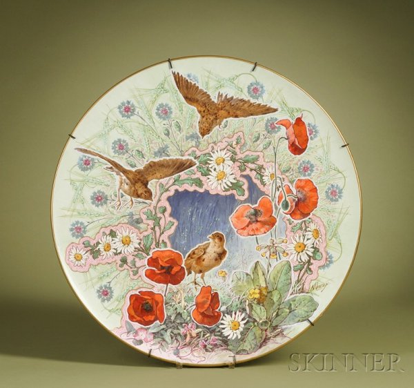 Large Handpainted Earthenware Charger, France, 19t: Large Handpainted Earthenware Charger, France, 19th century, polychrome enameled and gilt decorated with birds, flowers and foliage, gilt trim line, artist signed N. Vivien, dia. 22 1/2 in.