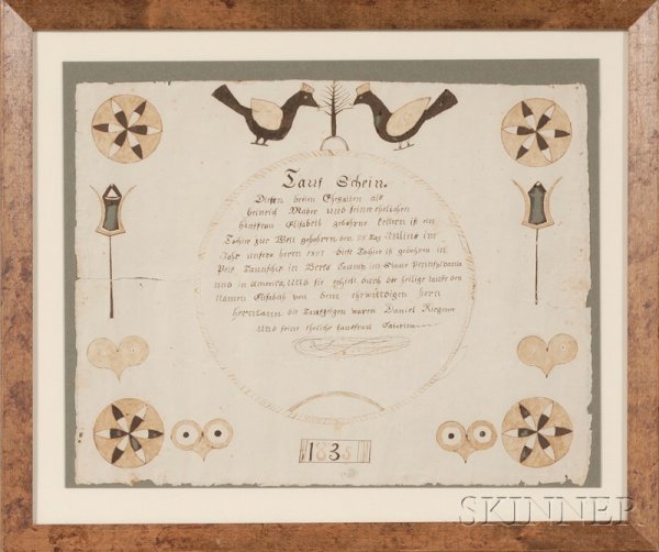 Pennsylvania Dutch Watercolor and India Ink Fraktu: Pennsylvania Dutch Watercolor and India Ink Fraktur, dated 1835, inscribed Daniel Riegener and with long dedication, decorated with pinwheels, birds, lanterns and hearts, 13 x 16 1/2 in.