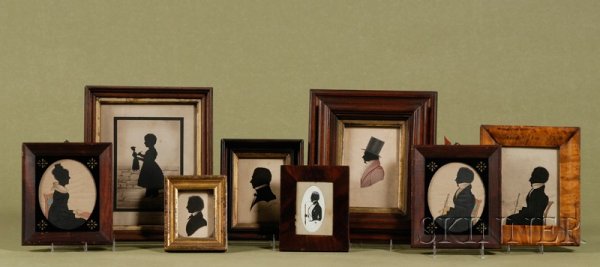 Assembled Collection of American and English Silho: Assembled Collection of American and English Silhouette Portraits, first half 19th century, including a full view of a young girl, Caroline Lipincott holding a doll, one of Henry W. Longfellow, matche