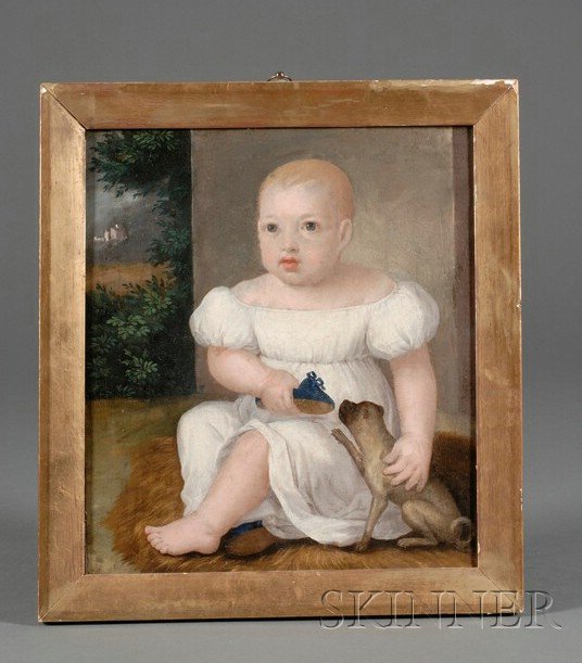 Anglo/American School, 19th Century, Portrait of a: Anglo/American School, 19th Century Portrait of a Young Boy with Blue Slipper and Small Pug Unsigned. Oil on canvas, 15 3/4 x 13 3/4 in. (40.0 x 34.9 cm), framed. Condition: Lined, craquelure with min