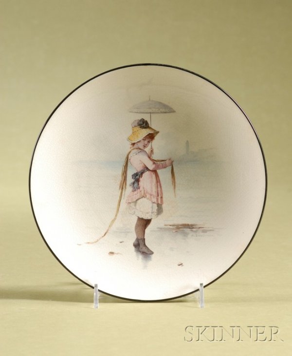 Mintons Hand-painted Porcelain Plate, England, lat: Mintons Hand-painted Porcelain Plate, England, late 19th century, by Antonin Boullemier, depicting a young girl holding a parasol and standing on the shore, artist signed and printed mark, dia. 8 1/4
