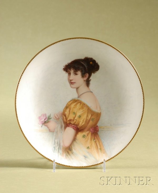Mintons Hand-painted Porcelain Portrait Plate, Eng: Mintons Hand-painted Porcelain Portrait Plate, England, late 19th century, by Antonin Boullemier, depicting a well-dressed young lady, artist signed and printed factory mark, dia. 9 1/2 in.