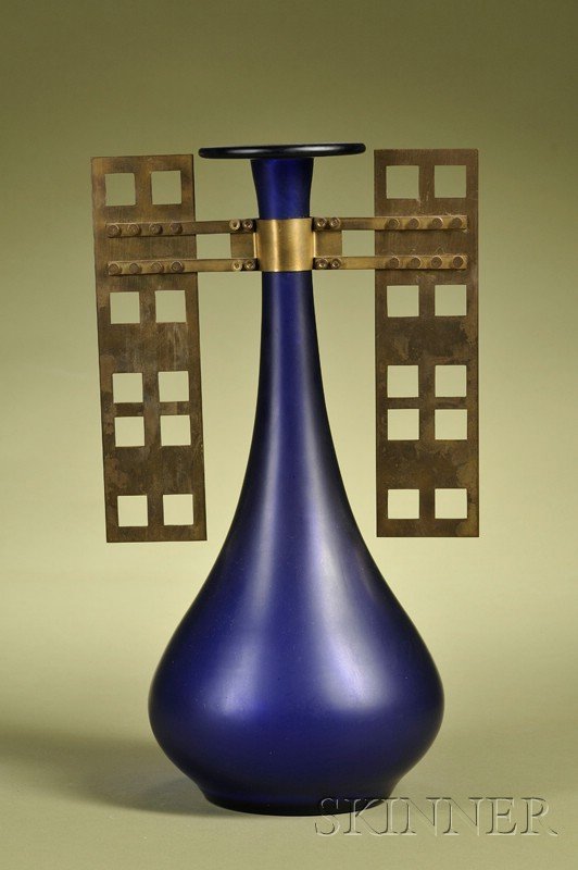 Austrian Vienna Secessionist Movement Brass Mounte: Austrian Vienna Secessionist Movement Brass Mounted and Cobalt Glass Bottle Vase, c. 1910, likely designed by Josef Hoffmann, with flat lip and bulbous body, applied with two rectangular pierced geome