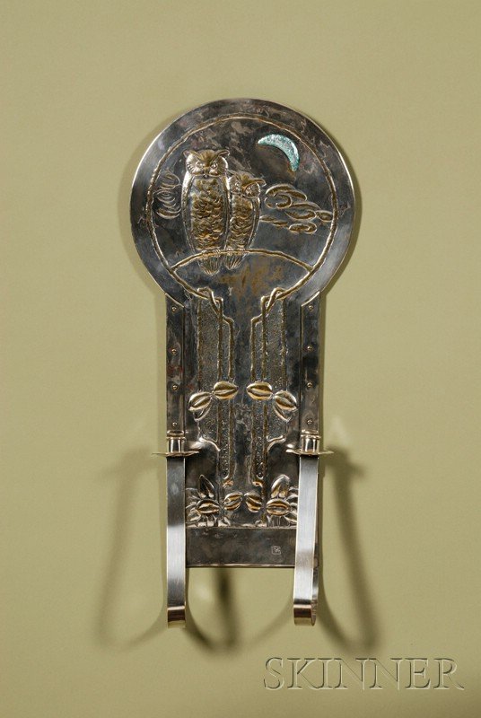 Austrian Secessionist Enameled and Silvered Brass: Austrian Secessionist Enameled and Silvered Brass Two-light Wall Sconce, 20th century, stamped MG lower right, depicting a blue enamel crescent moon above two owls perched on a branch, lower section w