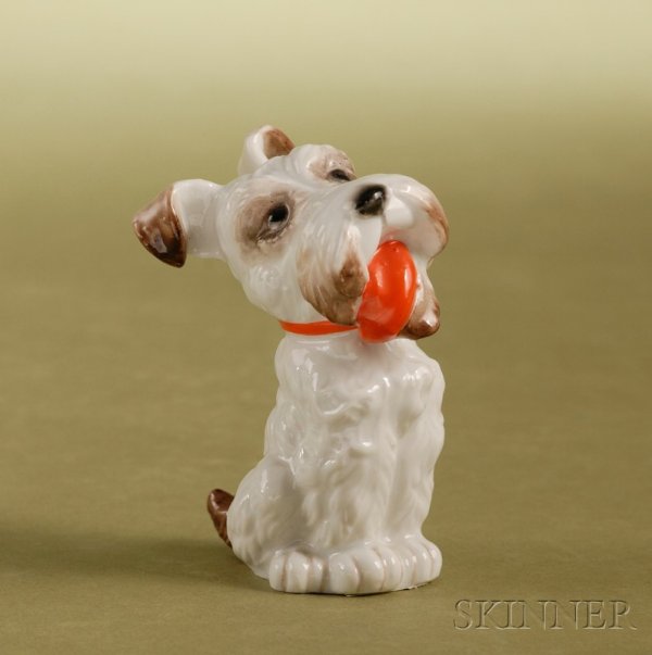Rosenthal Porcelain Figure of a Scottie Dog, Germa: Rosenthal Porcelain Figure of a Scottie Dog, Germany, c. 1927, enamel decorated and modeled sitting, printed mark, ht. 3 1/8 in.