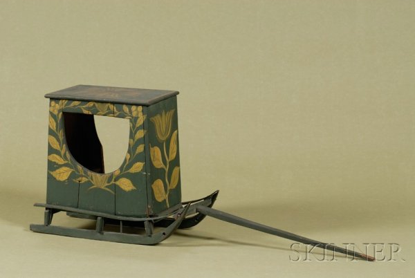 Green Painted Pine Doll's Carriage Sleigh, late 19: Green Painted Pine Doll's Carriage Sleigh, late 19th/early 20th century, forest green paint, the sled-form base mounted with rectangular carriage section with demilune openings to sides, painted with 