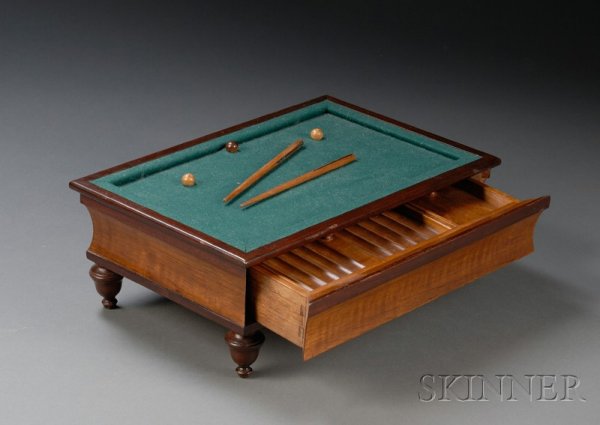 Edwardian Rosewood Billiard Table-form Cigar Box, : Edwardian Rosewood Billiard Table-form Cigar Box, early 20th century, with green baize top, on turned legs, the playing surface mounted with two cues and three balls, the central ball opening the spri