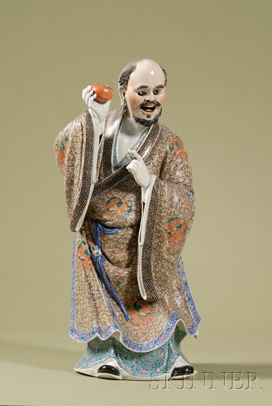 Chinese Polychrome Enameled Porcelain Figure, Chin: Chinese Polychrome Enameled Porcelain Figure, China, 19th century, modeled as a standing figure of a scholar, his robe decorated with medallions of coiled dragons among clouds, ht. 23 1/4 in