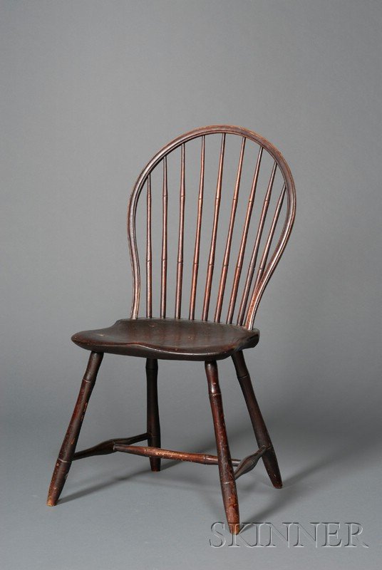 American Country Spindle-back Windsor Side Chair, : American Country Spindle-back Windsor Side Chair, likely Philadelphia, early 19th century, stamped W. Bowen twice, sack back with saddle seat and faux-bamboo legs, old finish, seat ht. 17 3/4 in.