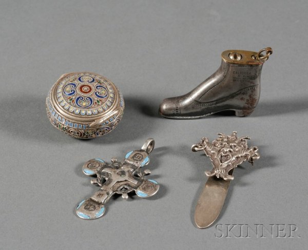 Four Small Silver and Silverplate Articles, late 1: Four Small Silver and Silverplate Articles, late 19th century, an Austro-Hungarian cloissone enameled and goldwashed .900 silver snuff/pill box, maker's mark GAS, with multicolored scroll decoration, 