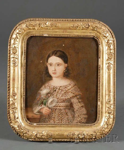 Continental School, Mid-19th Century, Portrait of : Continental School, Mid-19th Century Portrait of a Girl in a Challis Dress Holding a Rose. Unsigned. Oil on canvas, 13 3/4 x 11 1/4 in., framed. Condition: Heavy craquelure to upper section, three min
