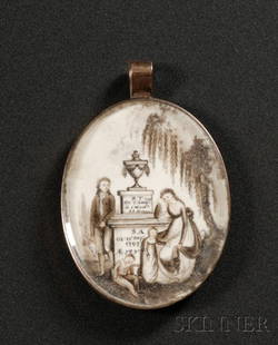 Painted Ivory Mourning Pendant, c. 1800, oval gilt-b: Painted Ivory Mourning Pendant, c. 1800, oval gilt-brass pendant with sepia on ivory painted scene with a young man and woman, and a boy and a girl mourning beside an urn-topped monument inscribed