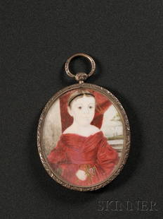 Portrait Miniature of a Girl in Red Holding a Flower: Portrait Miniature of a Girl in Red Holding a Flower, Isaac Sheffield (Connecticut, 1798-1845), c. 1840, "Painted by [I]saac Sheffield, New London" [Connecticut], inscribed on the reverse, watercolor