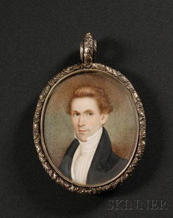 Portrait Miniature of a Gentleman with Ginger-colore: Portrait Miniature of a Gentleman with Ginger-colored Hair, c. 1825, unsigned, watercolor and gouache on ivory, oval, 2 3/4 x 2 1/8 in., in a chased brass pendant case with an oval aperture on the