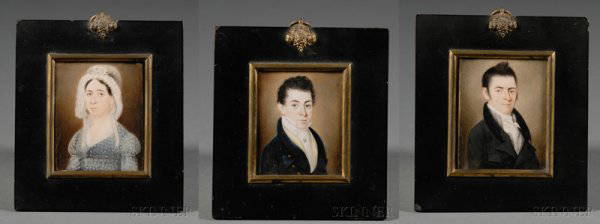 Three Related Family Portrait Miniatures, Massachuse: Three Related Family Portrait Miniatures, Massachusetts, c. 1824, unsigned, watercolor on ivory bust-length portraits, c. 1824, depicting James Leeds (1777-1846), his wife Anna (Corey) Leeds