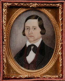 Portrait Miniature of a Young Man, American, c. 1840: Portrait Miniature of a Young Man, American, c. 1840, watercolor on ivory, 2 x 1 1/2 in., oval portrait, housed in a hinged thermoplastic case with gilt-brass mat. Condition: Very good.